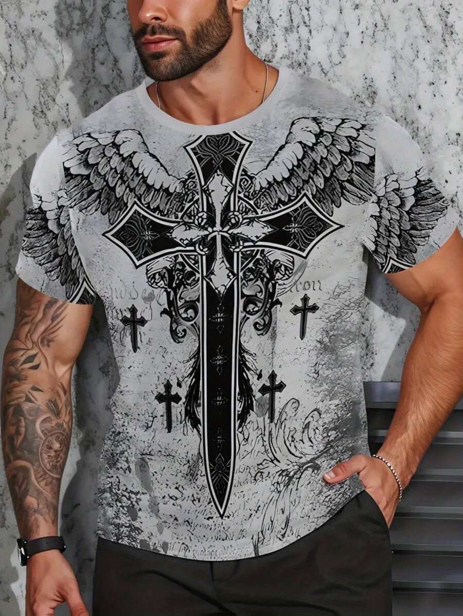 Men'S Gothic Cross & Wings 3D Print T-Shirt - & Streetwear Athletic Short Sleeve, Breathable, Machine Washable, Durable Comfort Fit With Gothic Cross & Wing Design For Casual & Gym Wear - Summer Essential Men'S Fashion Top - 混合色 - 查看 1