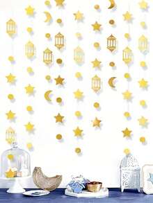 1 Set Vintage Ramadan Paper Flower Wreath Decor, Star & Crescent Moon Lantern Garland, Eid Celebration Islamic Party Decorations, Suitable For Wedding/Birthday/Eid Festival - Multicolor - View 9