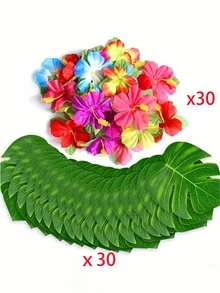 36/54/60 st tropiska festdekorationer - palmblad, hibiskusblommor etc. - perfekt för djungel-, fest-, födelsedags-, strand- och grilltema! Påsk-, jul-, halloween-, alla hjärtans dag-, ramadanpresenter, lämpliga för luau- och djungeltemafester - konstgjord hem- och evenemangsdekor, luau-tillbehör | färgglada blomsteraccenter, hawaiianska festdekorationer - Multifärgad - Visa 12