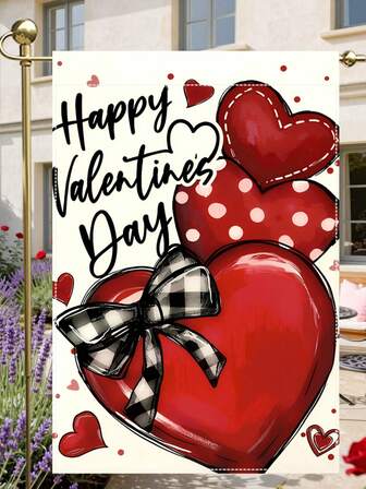 1面情人节快乐花园旗，耐用涤纶材质，非常适合春夏季节及情人节室内外装饰，不含旗杆，双面防水麻布旗，尺寸12x18英寸