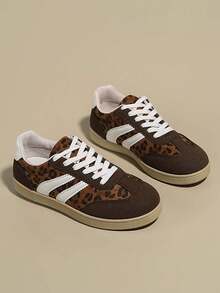 1 Pair Girls' Soft Sole Non-Slip Casual Fashion Lace-Up Sneakers, Leopard Print Breathable Comfortable Versatile Skate Shoes, Suitable For All Seasons - Brown - View 8