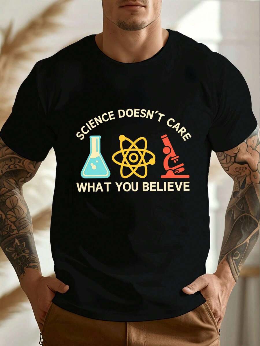 PLUS SIZE Science Graphic Atomic Microscope TShirt Street Hip-Hop, Breathable, Statement Print - Black - View 1