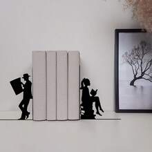 2pcs/Set Metal Couple Bookends Decor - Fashionable Bookshelf Decoration - Office Or Home Book Support - Durable Home And Office Organizer, Mini Bookshelf, Home Decor Books, Classic Design, Powder Coated Surface - Black - View 5