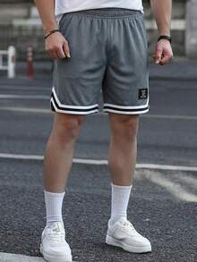 1件青少年男孩運動透氣拼接色戶外健身網球健身房籃球網布印花短褲 春夏秋返校季 - 灰色 - 查看 7