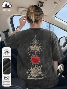 女士夏季玻璃王座印花圆领短袖简约休闲日常加大码水洗T恤上衣；火心艾琳印花女士外套上衣；盛开的花卉植物印花女士夏季服装2026；燃烧的心与皇冠印花夏季家庭舒适派对服装。黑色 - 黑色 - 查看 2