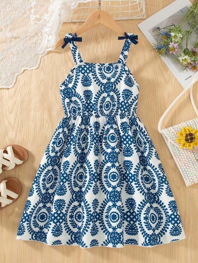 Girls' Casual Floral Print Sleeveless Knee-Length Dress With 3D Bow Decor, Suitable For Summer