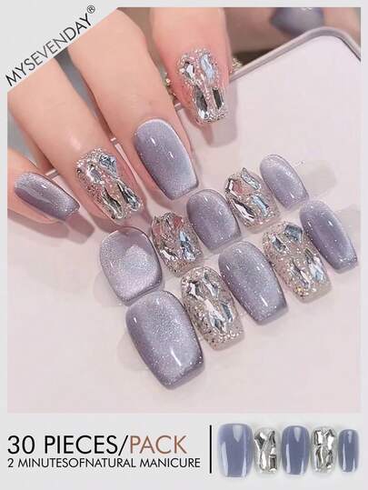 30 Pieces Press On Nails Square/Blue And White Color Blocked Nail Plate With Crystal Glitter Decoration For Short Nail Art To Enhance Your Temperament/Comes With Jelly Glue And Rubbing Strips Suitable For Aggregation, Reusable For Daily Use