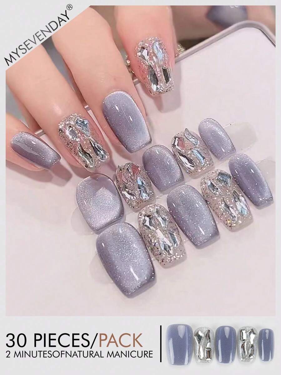 30 Pieces Press On Nails Square/Blue And White Color Blocked Nail Plate With Crystal Glitter Decoration For Short Nail Art To Enhance Your Temperament/Comes With Jelly Glue And Rubbing Strips Suitable For Aggregation, Reusable For Daily Use