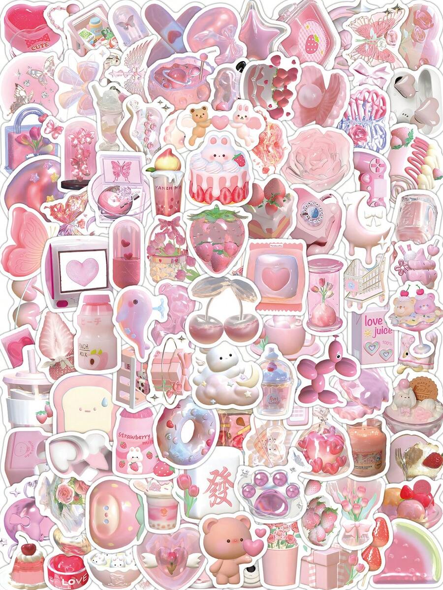 103 Stück Rosa Ästhetik Aufkleber Set, enthält süße Donut, Erdbeere und Retro Handy Muster, träumerische Aufkleber für Mädchen, geeignet für Tablet, Gepäck, Wanddekoration, Scrapbooking, Tagebuch, Laptop, Handy - Pink - Übersicht 1