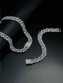 Set de 2 piezas de joyería de hip hop, collar y pulsera de eslabón cubano totalmente cubiertos de hielo, regalo adecuado para hombres y mujeres - Conjunto cubano de dos piezas con diamantes de imitación - Ver 5