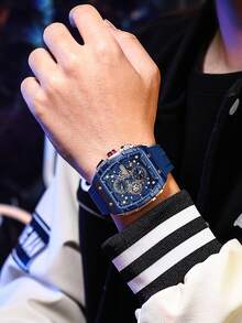 Fashionable Wine Barrel Shaped Large Dial Sports Watch With Unique Rectangular Hollow Design Quartz Watch, Equipped With Chronograph Automatic Date - Màu xanh lam - Xem 5