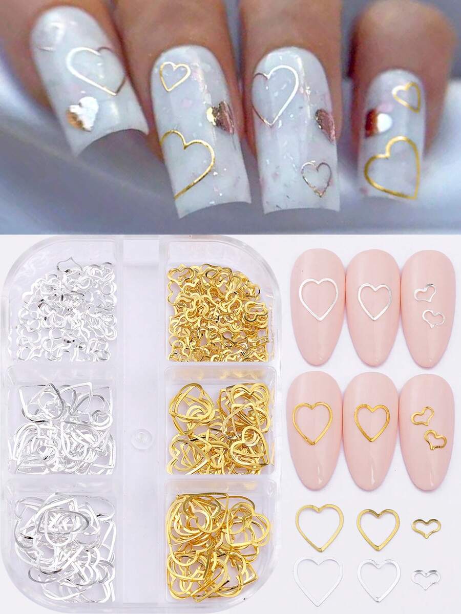 6 món phụ kiện trang trí móng tay hình trái tim rỗng màu vàng và bạc, trang sức móng tay hình trái tim dễ thương, thiết kế hỗn hợp, sequin hình trái tim rỗng bằng kim loại, đồ dùng làm móng DIY cho mùa lễ hội. - Nhiều màu - Xem 1