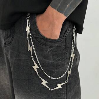 1 Piece Unisex Dark Techwear Style Pants Chain With Silver Lightning-Shaped And Multi-Layer Mixed Chain Details, For Personalized Decoration, Suitable For Daily Outings And Electronic Music Parties.