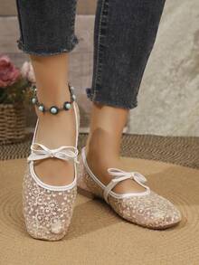 New Breathable Mesh Bow Mary Jane Shoes - Beige - View 6