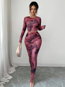 2pcs/Set Women's Fashion Round Neck Elegant Tight Asymmetrical Tie Dye Pattern Long Sleeve T-Shirt, Tight Fitting Tie Dye Pattern Maxi Skirt Set