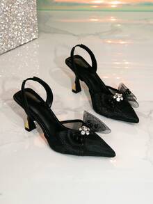 Sandalias de tacón alto transparentes de malla, con lazo negro, punta abierta, gran adorno de cristal, correa de tobillo, tacón asimétrico de red, contraste de color, tacones altos negros - Negro - Ver 4