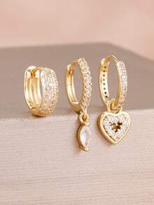 3PCS Fashion Zirconia Hollow Heart Earrings Set For Women 18K Gold Plated Piercing Earring Jewelry - 3 Pcs for One Ear - View 1