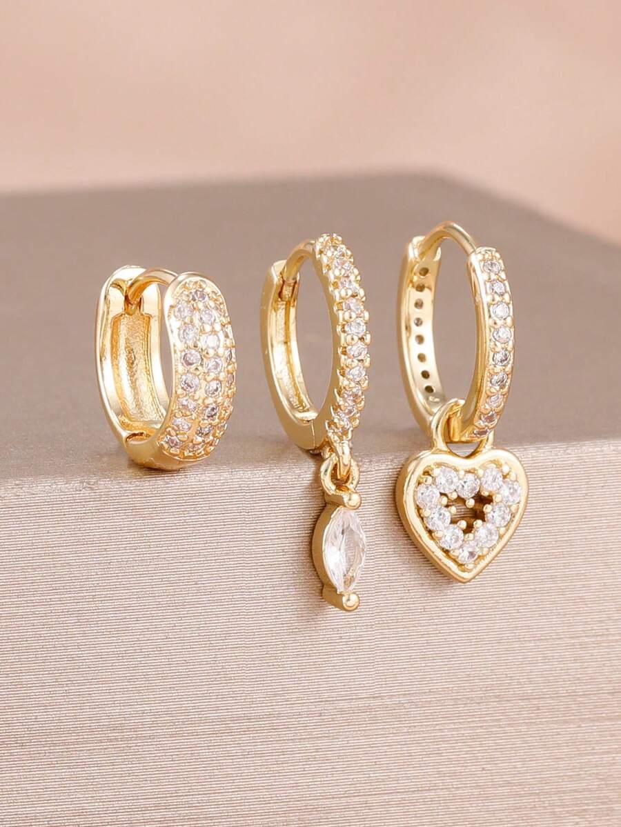 3PCS Fashion Zirconia Hollow Heart Earrings Set For Women 18K Gold Plated Piercing Earring Jewelry - 3 Pcs for One Ear - View 1