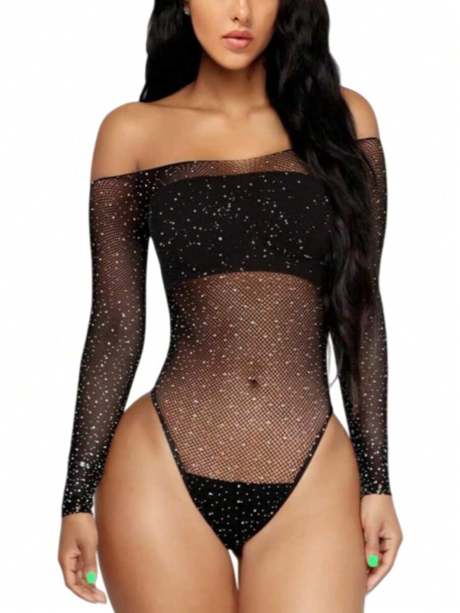 女士性感内衣，镶钻比基尼性感内衣，镶钻装饰，星空图案网纱女士连体衣 - 黑色 - 查看 1