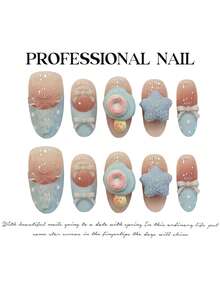 10Pcs Blue Donut Press On Nails With Star Bowknot Design Artificial False Nails For Women Daily Party Wear - Pink - View 5