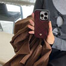 Retro High-End Leather Plaid Case With 3D Heart Design, Compatible With Iphone 15 Pro Max, Apple 16, 14 New Version, 12, 14 Pro, 13 Pro Max, Cute For Girls - Burgundy - View 2