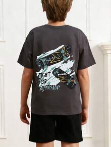 1 件休闲印花短袖 T 恤，男孩夏季上衣，年轻学生服装 - 深灰色 - 查看 2