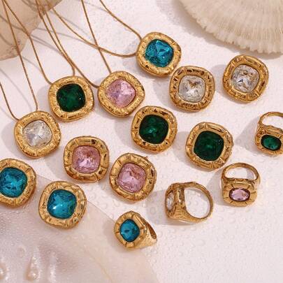 1 pieza Conjunto de aretes, collar y anillo con flores circulares y cuadradas de circonita, de acero inoxidable, joyería de moda de lujo para mujeres, adecuada para uso diario y de fiesta