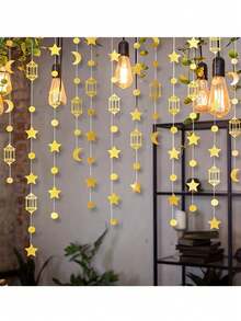 1 Set Vintage Ramadan Paper Flower Wreath Decor, Star & Crescent Moon Lantern Garland, Eid Celebration Islamic Party Decorations, Suitable For Wedding/Birthday/Eid Festival - Multicolor - View 6