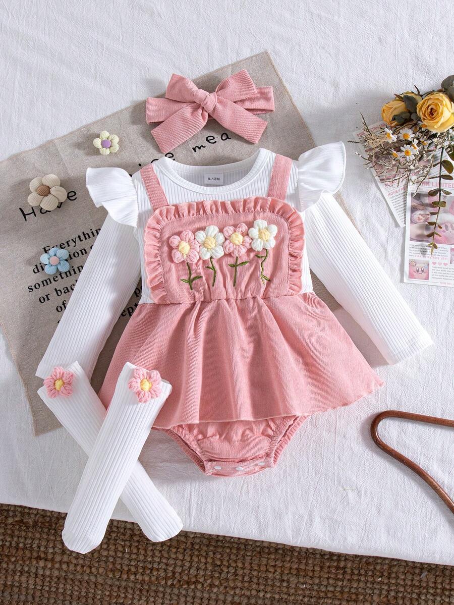 Bộ đồ liền thân tay ngắn dệt kim họa tiết hoa cho bé gái mùa thu/đông, màu xanh dương, gồm áo liền thân và tất họa tiết hoa, cùng băng đô màu xanh dương. - Hồng - Xem 1