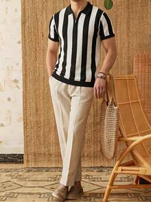 男士撞色条纹短袖镂空针织上衣 - 黑色 - 查看 2