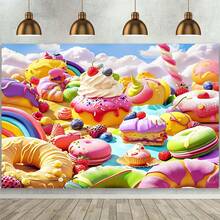 1pc Dreamland Candy Paradise Landscape Background, Ice Cream, Sweets, Lollipop Photography Backdrop, Rainbow Birthday Party Decor, Studio Prop Banner - Multicolor - View 3