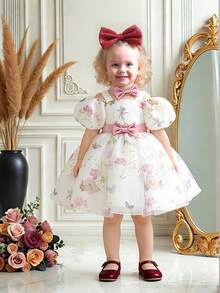 一件女婴蝴蝶印花薄纱连衣裙，宽肩带，适合一周岁生日派对、花童、婚礼等场合，不含头饰 - 彩色 - 查看 4