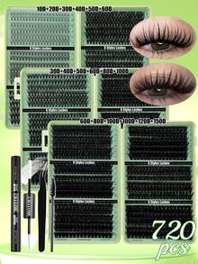 720pcs Super Dense DIY False Eyelashes Set, 8-16mm, 10D-150D Curl, Natural Look, Thick & Fluffy, Suitable For Daily Use And Beginners, Mixed Styles, Freely Combinable