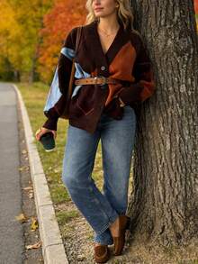 大码女士时尚优雅百搭菱格纹几何图案撞色纽扣V领长袖开衫 - 彩色 - 查看 6