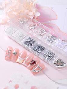 Bộ 12 món trang trí móng tay màu bạc, chủ đề Ngày Valentine, hình trái tim rỗng đính kim sa, đá rhinestone, ngọc trai, bi thép nhỏ, bộ trang trí móng tay tự làm, thiết kế móng tay, trang sức móng tay, đá quý móng tay. - Nhiều màu - Xem 4