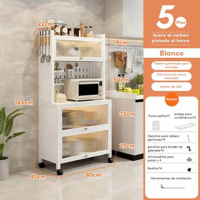 Estantería metálica para cocina con puertas correderas, disponible en dos tamaños. Estantería de acero al carbono resistente al óxido con soportes y ruedas. Los paneles perforados facilitan la organización personalizada de electrodomésticos, utensilios de cocina y almacenamiento de alimentos. Diseño a prueba de polvo.