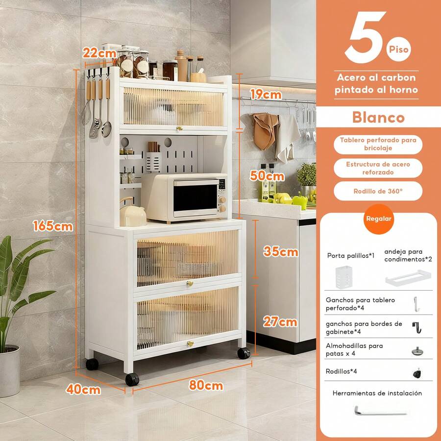 Estantería metálica para cocina con puertas correderas, disponible en dos tamaños. Estantería de acero al carbono resistente al óxido con soportes y ruedas. Los paneles perforados facilitan la organización personalizada de electrodomésticos, utensilios de cocina y almacenamiento de alimentos. Diseño a prueba de polvo. - Blanco - Ver 1