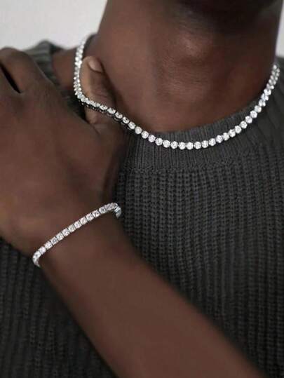 2pcs/Set Men's Diamond Inlaid Square Claw Chain Necklace & Bracelet, Hip Hop Style Iced Out Jewelry, Creative Punk Necklace For Men, Suitable As Gift For Boyfriend, Also For Casual Daily Wear, Valentine's Day, Carnival Gift