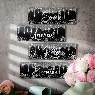 4 st väggdekorationer för badrum med glittrande diamanter - Koppla av, Njut, Varva ner, Andas - Svarta och silverglittriga träskyltar för heminredning, 25x10 cm