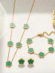 男士三件套不锈钢首饰套装 - 幸运花吊坠项链、手链和耳环组合，镶嵌八月生辰石，未镀层，完美礼品之选 - 五葉草套裝 - 查看 3