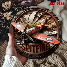 2D Flat - 1pc Vintage Spitfire Aluminum Wall Sign - 19.99cm Round Tin Decor With Imitation Relief, Red & Blue Fighter Aircraft Design, Perfect For Home, Bar, Garden, Or Club, English Text, Wall-Mounted, Metal Outdoor Deco - 混合色 - 查看 5