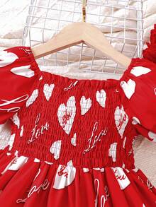 Young Girls' Heart Print Puff Sleeve Dress, Square Neck Waist Ruffle Hem, Sweet Princess Dress For Spring/Summer - Red - View 4