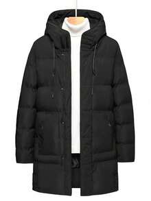 Men's Casual Thick Hooded Jacket With Pockets And Zipper, Polyester Fabric, Long Sleeve, Loose Fit, Solid Color, Suitable For Casual Occasions In Winter - Black - View 3