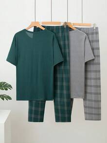 4pcs Men's Lightweight Short Sleeve Pajama Set, Men's Summer Plaid Loungewear Set - Multicolor - View 2