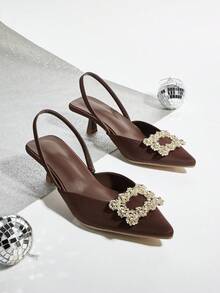 2026春夏新款女士尖头低帮凉鞋，优雅方形水钻搭扣装饰，猫跟，细带穆勒鞋，通勤休闲穿着舒适，低跟不累脚