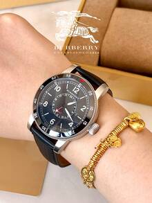 Burberry Utilitarian GMT Swiss Black Leather Men's Watch - Black - View 13