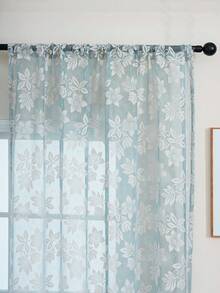 1件轻奢清新蓝色背景白色花卉图案薄纱窗帘家居装饰 - 藍白色 - 查看 6