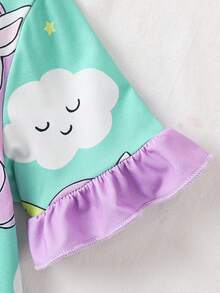 新款女童睡衣套装，独角兽印花儿童三件套睡衣，圆领荷叶边短袖女童睡裙，舒适休闲家居服