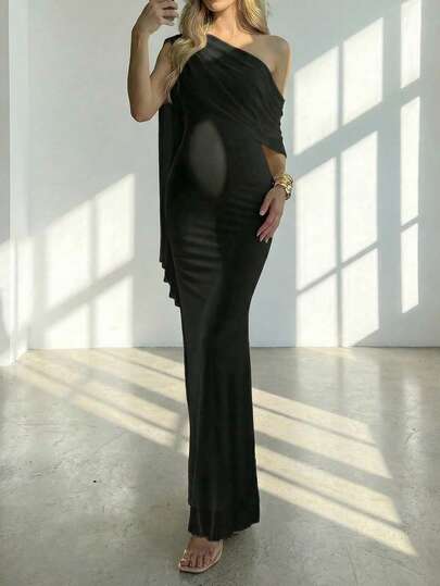 Elegant Party Solid Color Asymmetric Collar Maternity Dress For Photography, Wedding Guest Dress, Spring/Autumn Women's Wedding Guest Dress (JH25103)