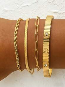 4 piezas Pulsera chapada en oro de 18K, de acero inoxidable para mujer, pulsera de circonita CZ, pulsera de brazalete, pulsera multicapa, pulsera dorada, joyería para mujer, brazalete de acero inoxidable, regalo delicado, pulsera elegante, pulsera de acero inoxidable